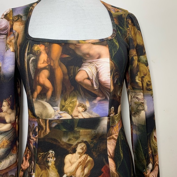 PrettyLittleThing PLT Mini Dress Renaissance Print Long Sleeve Brown Mix Scuba - Picture 5 of 14